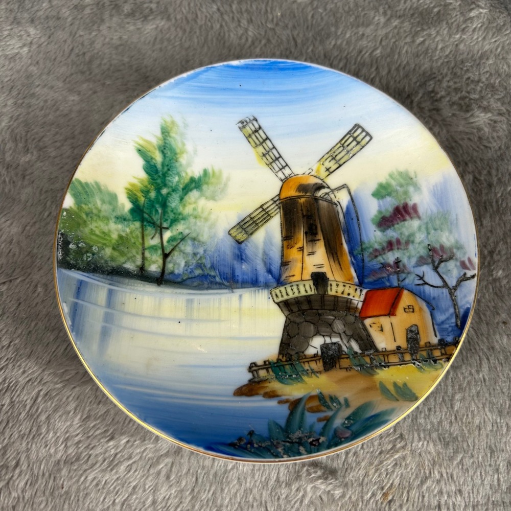 Vintage Japan Hand Painted Windmill Porcelain Mini Plate Decorative Wall Hanging